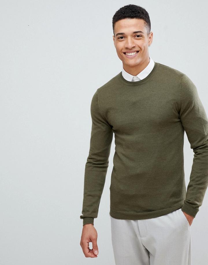 Asos Design Muscle Fit Merino Wool Sweater In Khaki - Green