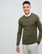 Asos Design Muscle Fit Merino Wool Sweater In Khaki - Green