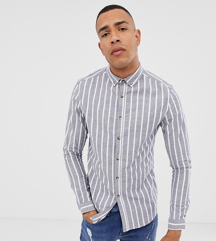 Asos Design Tall Skinny Fit Stripe Shirt In Gray & White - Navy