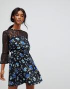 Influence Lace Yoke And Sleeve Floral Skater Dress - Black