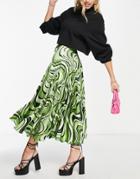 Asos Design Satin Pleated Midi Skirt In Green Swirl Print-multi