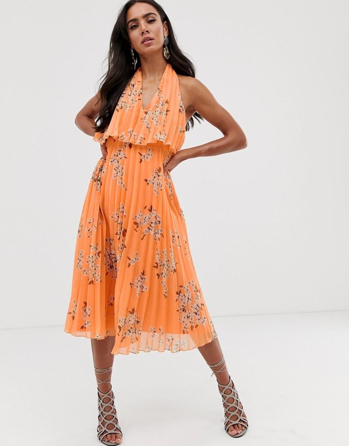 Asos Design Pleated Midi Dress With Double Layer Bodice And V Neck In Orange Floral Print-multi