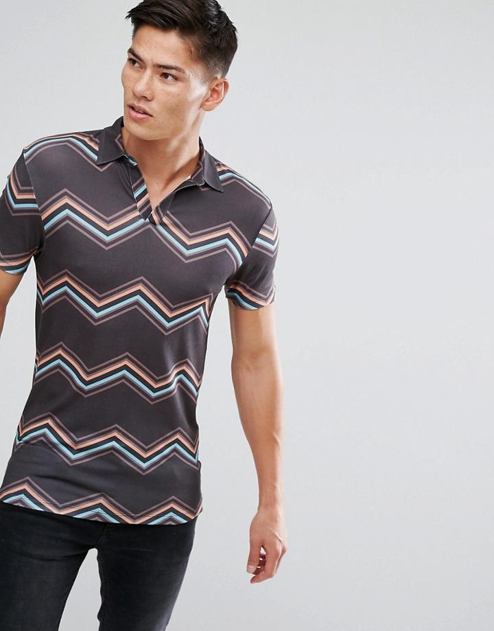 Asos Muscle Polo Zig Zag Stripe With Revere Collar - Black