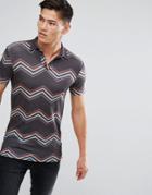 Asos Muscle Polo Zig Zag Stripe With Revere Collar - Black