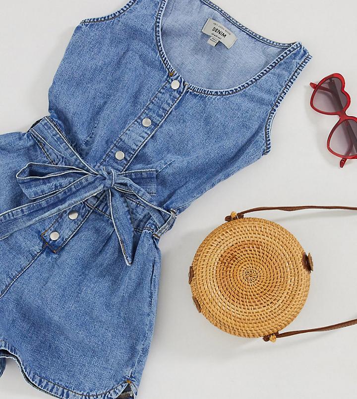New Look Petite Tie Waist Denim Romper In Mid Blue