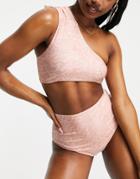 Asos Design One Shoulder Ruched Bikini Top In Tonal Animal-multi