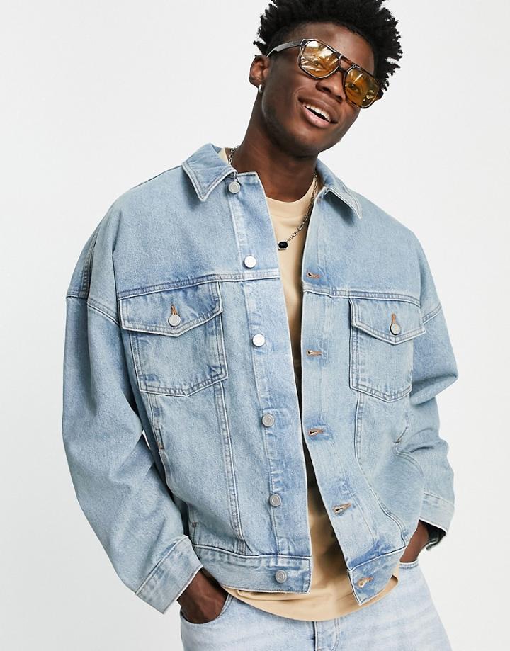 Asos Design Oversized Denim Jacket In Tinted Light Wash Blue-blues