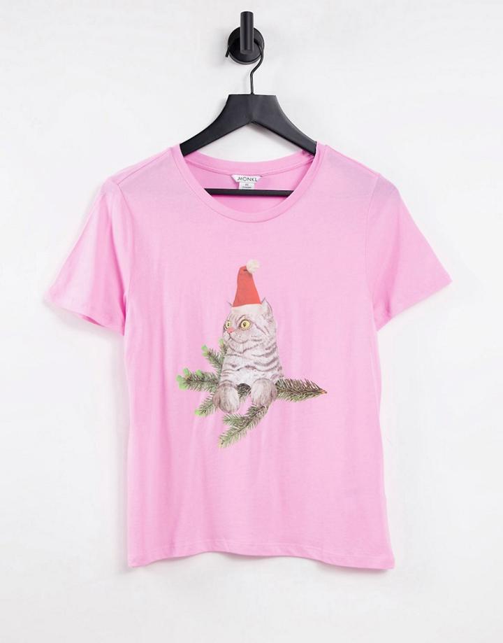 Monki Cotton Christmas Cat T-shirt In Pink - Lpink