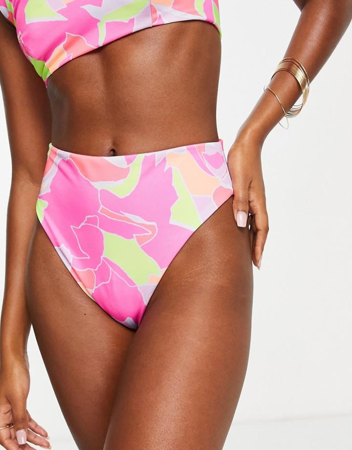 Asos Design Recycled Reversible High Leg High Waist Bikini Bottom In Pink And Bold Abstract Print-multi