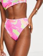 Asos Design Recycled Reversible High Leg High Waist Bikini Bottom In Pink And Bold Abstract Print-multi