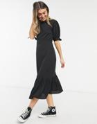 New Look Tie Sleeve Ruffle Hem Midi Dress In Black