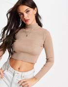 Pull & Bear Round Neck Cropped Ribbed Sweater In Beige-neutral