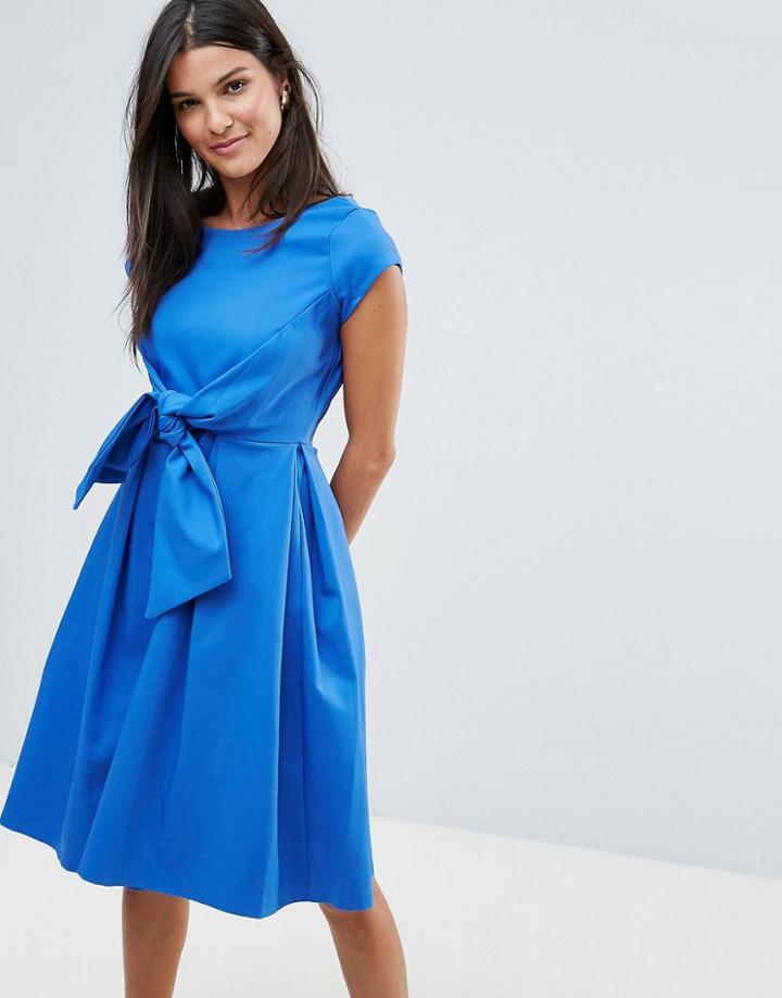 Closet Short Sleeve V Back Tie Front Dress - Blue
