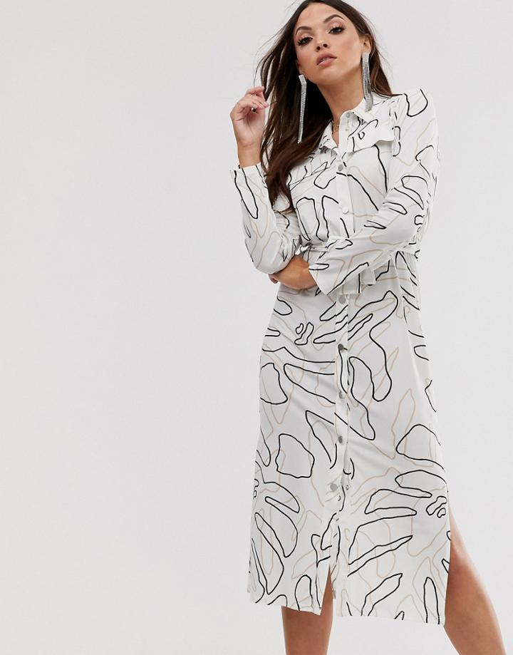 Asos Design Midi Belted Shirt Dress In Non Print-multi
