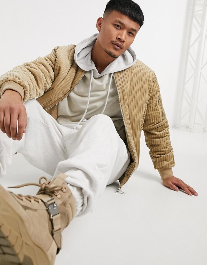 Asos Design Oversized Bomber Jacket With Ma1 Pocket In Stone Corduroy-white