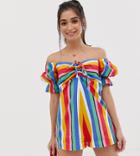 Asos Design Petite Romper With Puff Sleeve And Tie Detail In Rainbow Stripe-multi