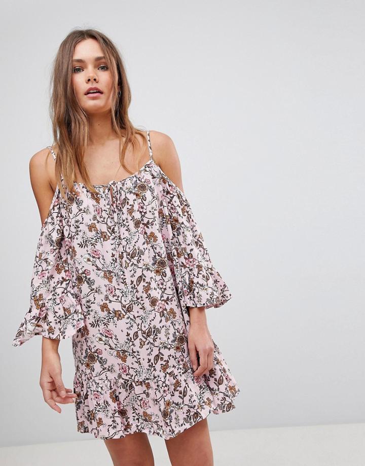 En Creme Cold Shoulder Floral Dress With Tassel - Pink
