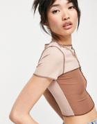 Asos Design Shrunken Spliced T-shirt With Stitch Detail In Brown