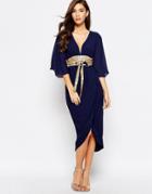 Tfnc Kimono Sleeve Chiffon Dress With Sequin Obi Belt - Navy