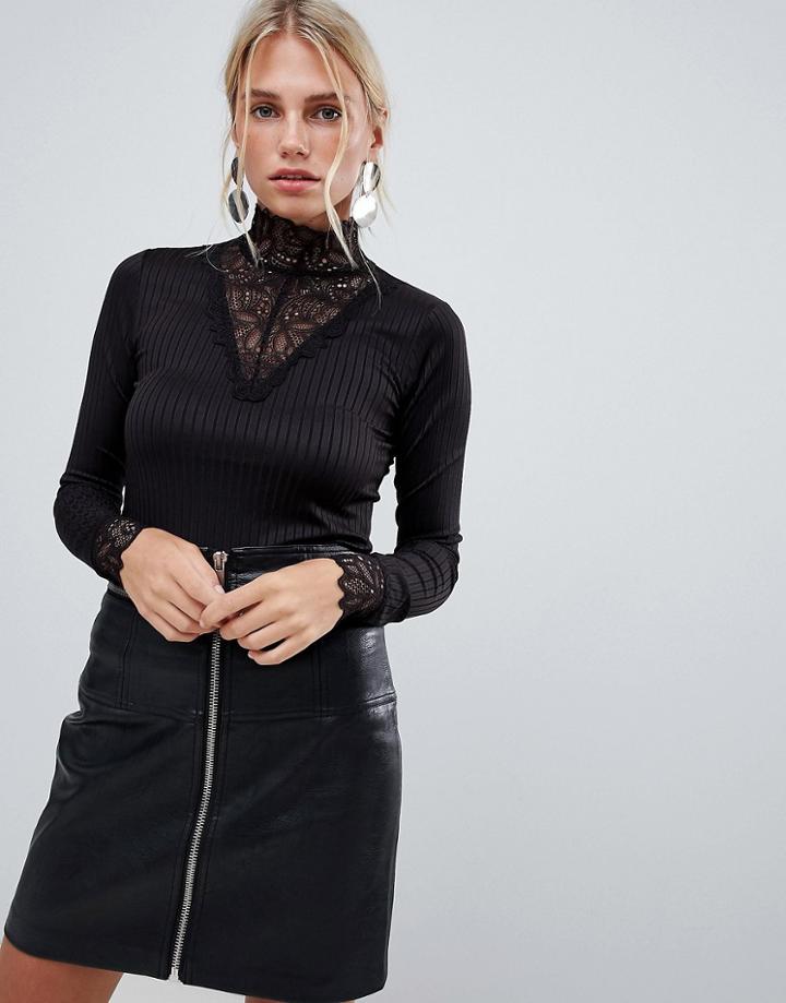 Y.a.s Long Sleeve Ribbed Jersey Top With High Neck Lace Detail - Black