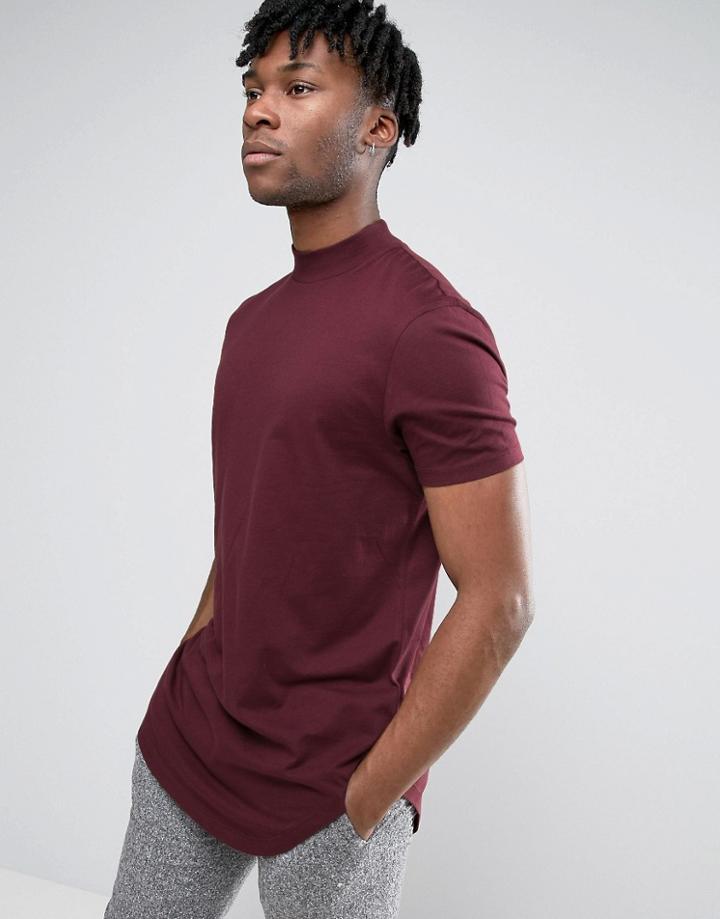 Asos Super Longline T-shirt With Turtleneck And Curved Hem In Pink - R