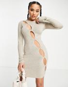 I Saw It First Knit Asymmetric Cut-out Mini Dress In Stone-neutral