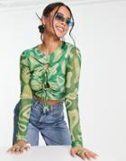 Another Reason Cut Out Mesh Crop Top In Green Abstract Graphic