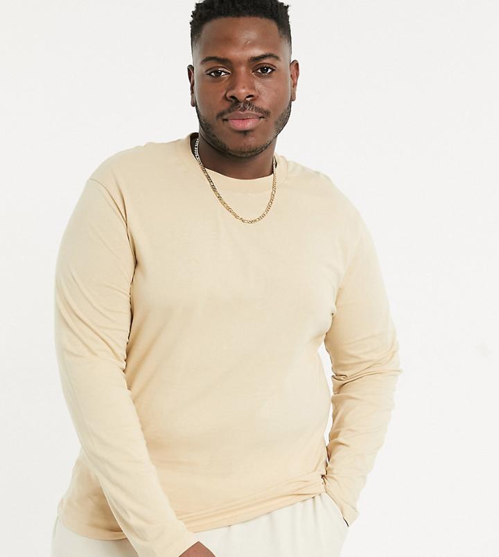 Asos Design Plus Long Sleeve T-shirt With Crew Neck In Beige-brown