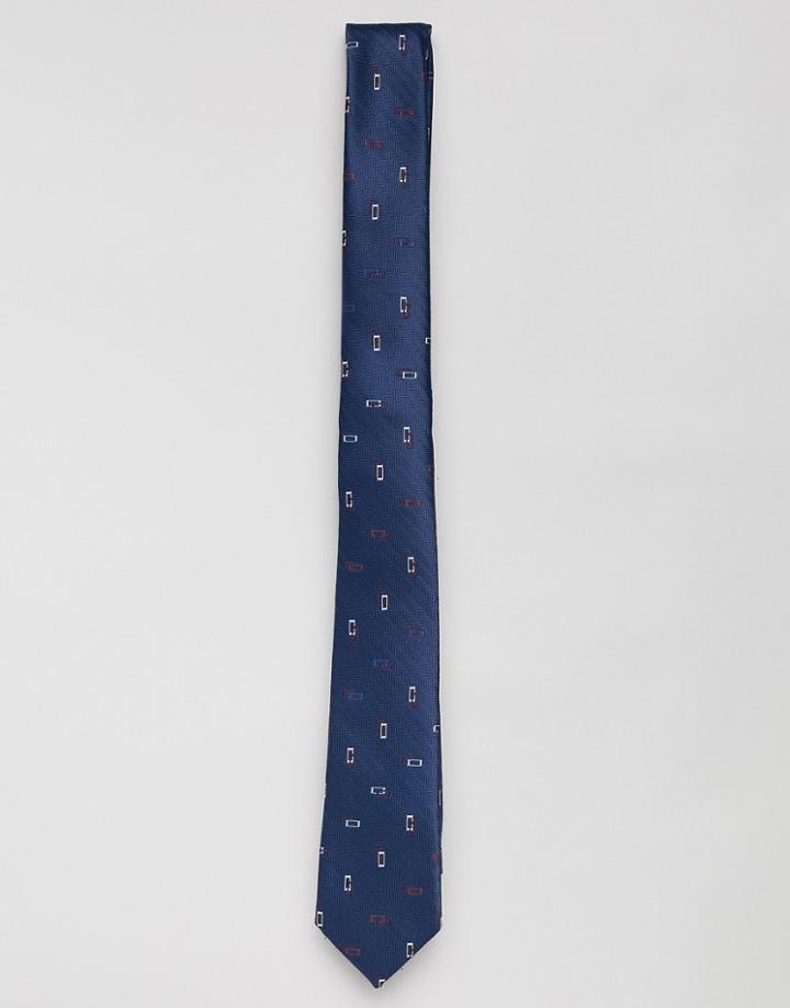 Asos Design Slim Tie In Navy With Grid Design - Navy