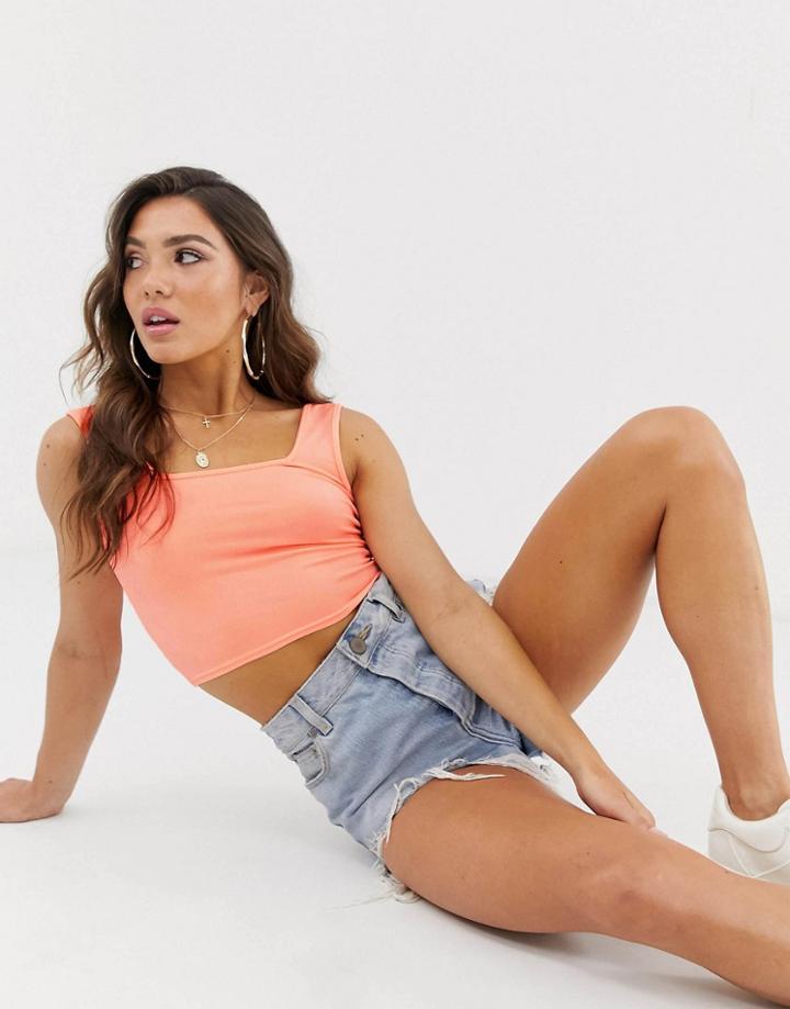 Asos Design Crop Square Neck Cami In Neon Coral-pink