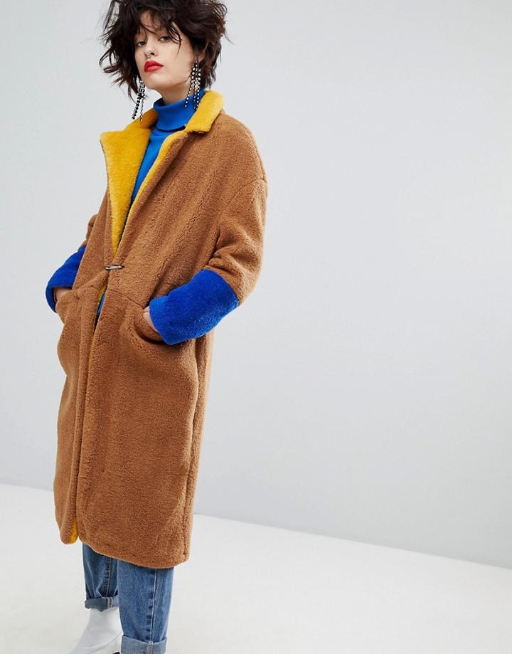 Mango Color Block Long Coat - Brown