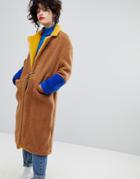 Mango Color Block Long Coat - Brown