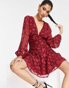 Asos Design Long Sleeve Ruched Front Skater Mini Dress In Oxblood Spot Jacquard-red