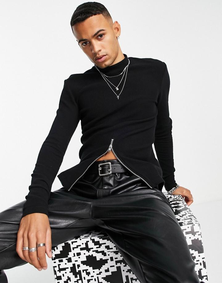 Asos Design Muscle Fit Long Sleeve T-shirt In Rib With Zip Detail In Black