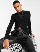 Asos Design Muscle Fit Long Sleeve T-shirt In Rib With Zip Detail In Black