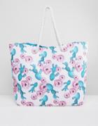 South Beach Cactus And Rose Print Beach Bag With Rope Handle - Multi