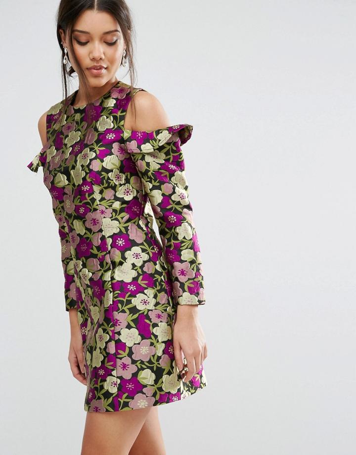 Asos Cold Shoulder Jacquard Floral Shift Dress - Multi