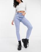 Bershka High Rise Skinny Jean With Distressing In Light Blue-blues
