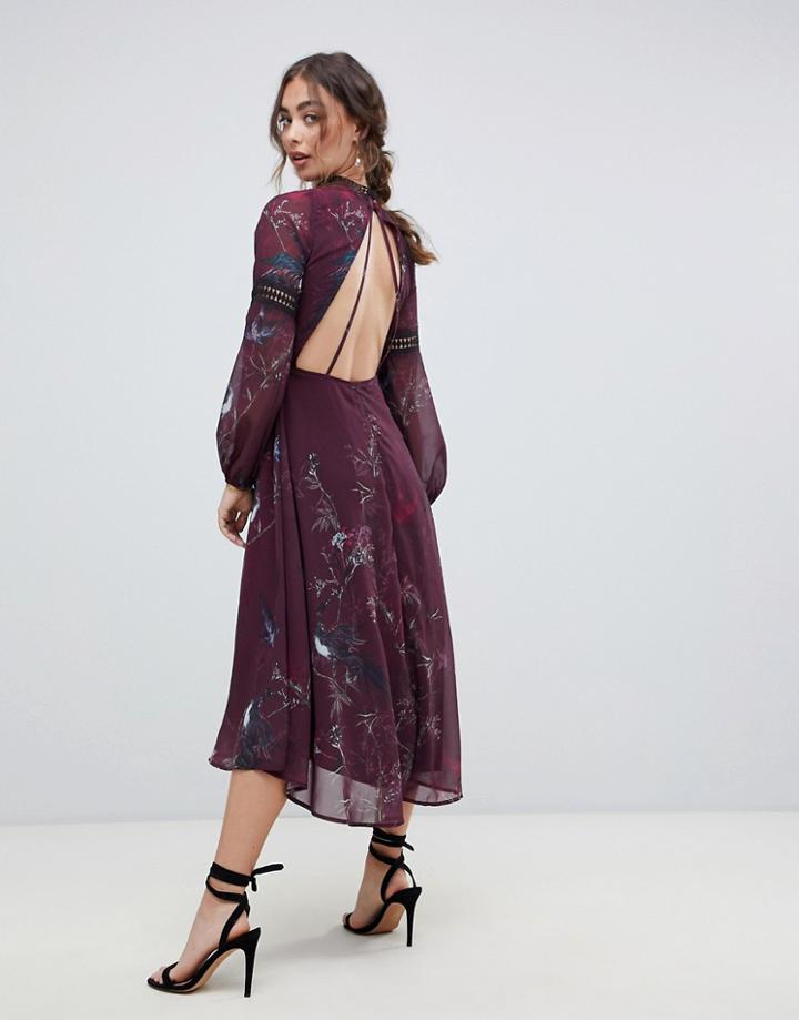 Hope & Ivy Long Sleeve Open Back Midi Dress With Crochet Trim In Bird Print - Multi