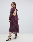Hope & Ivy Long Sleeve Open Back Midi Dress With Crochet Trim In Bird Print - Multi
