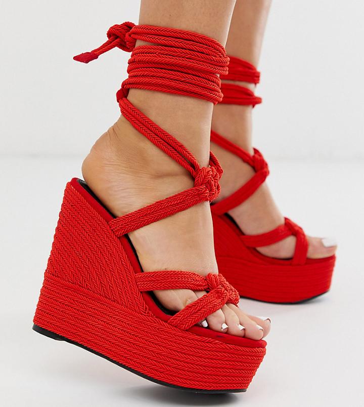 Asos Design Wide Fit Will Power Rope Wedges In Red - Red