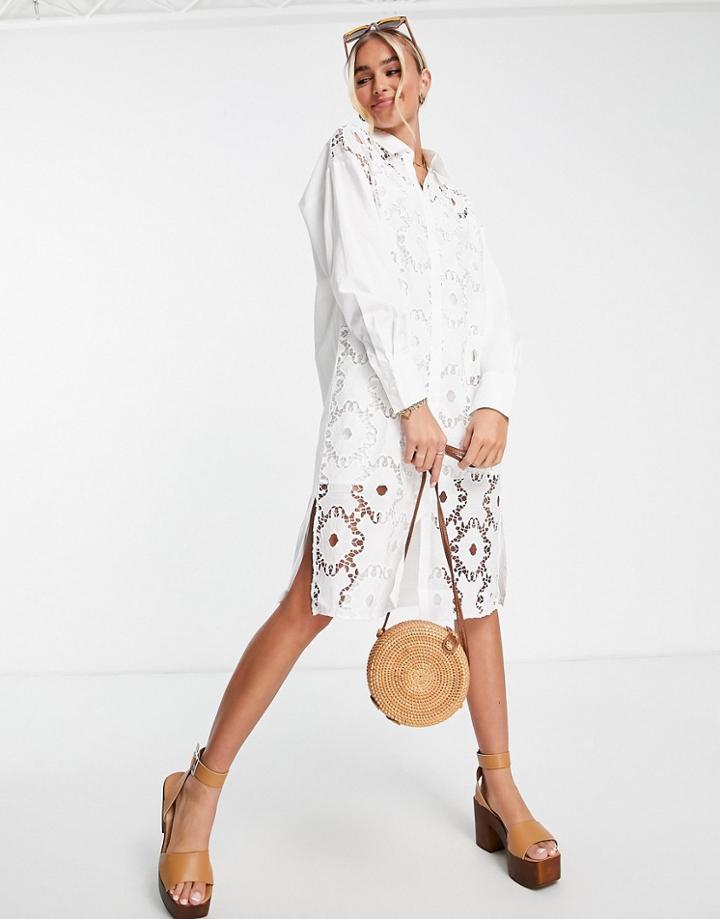 Urban Revivo Midi Crochet Shirt Dress In White