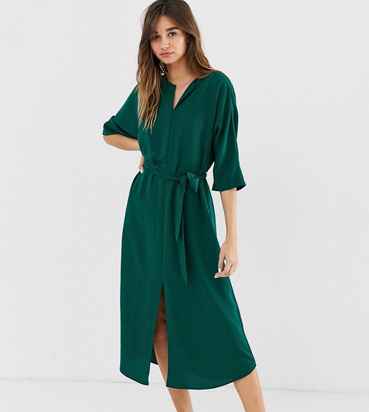 Monki Belted Midi Dress With Front Slit In Dark Green