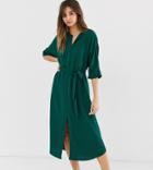 Monki Belted Midi Dress With Front Slit In Dark Green