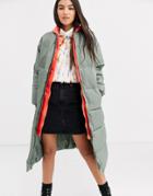 Asos Design Longline Puffer Coat With Contrast Hood In Sage-green