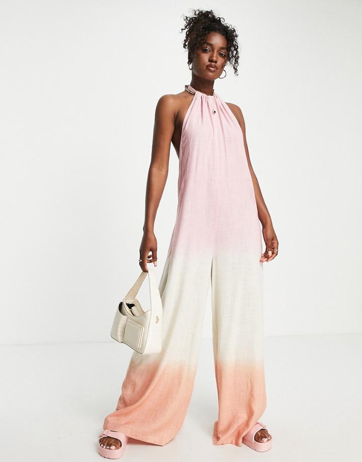 Asos Design Linen Halterneck Smock Jumpsuit In Ombre-multi