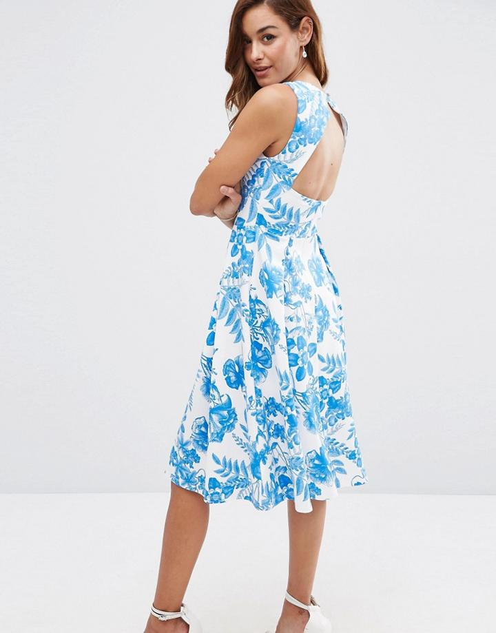 Asos Cut Out Back Midi Dress In Blue Floral Print