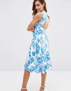 Asos Cut Out Back Midi Dress In Blue Floral Print