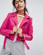 Bershka Leather Look Biker Jacket - Pink