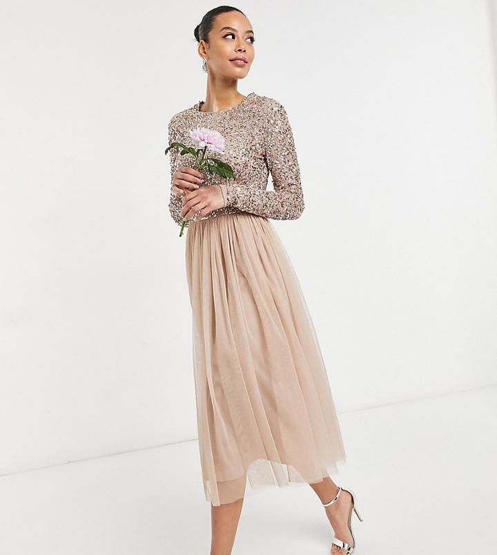 Maya Tall Bridesmaid Long Sleeve Midi Tulle Dress With Tonal Delicate Sequins In Taupe Blush-pink